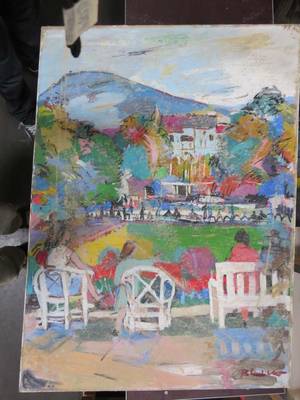 Gemälde von Bernhard Müller-Feyen, Kurpark nach der Notbergung im ZKM Karlsruhe. Foto: ZKM Karlsruhe, Notbergungsteam | Gemälde von Bernhard Müller-Feyen, Kurpark nach der Notbergung im ZKM Karlsruhe. Foto: ZKM Karlsruhe, Notbergungsteam