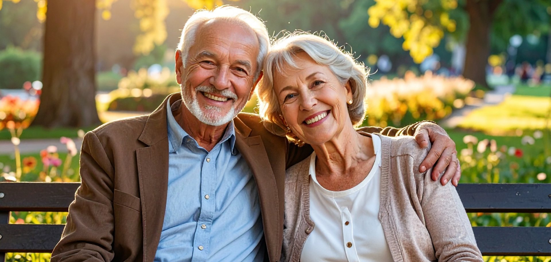 Seniorenpaar sitzt auf einer Parkbank