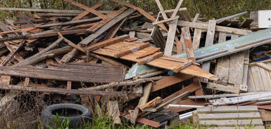 Pile of wooden debris and scrap materials in a rural outdoor area, surrounded by overgrown grass and vegetation. Concept of waste management, recycling, and environmental cleanup Pile of wooden debris and scrap materials in a rural outdoor area, surrounded by overgrown grass and vegetation. Concept of waste management, recycling, and environmental cleanup