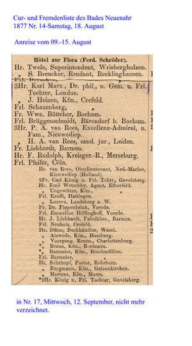Kur- und Fremdenliste Nr. 14 vom 18. August 1877 (StA BNAW Bestand NASL-AG Bad Neuenahr)