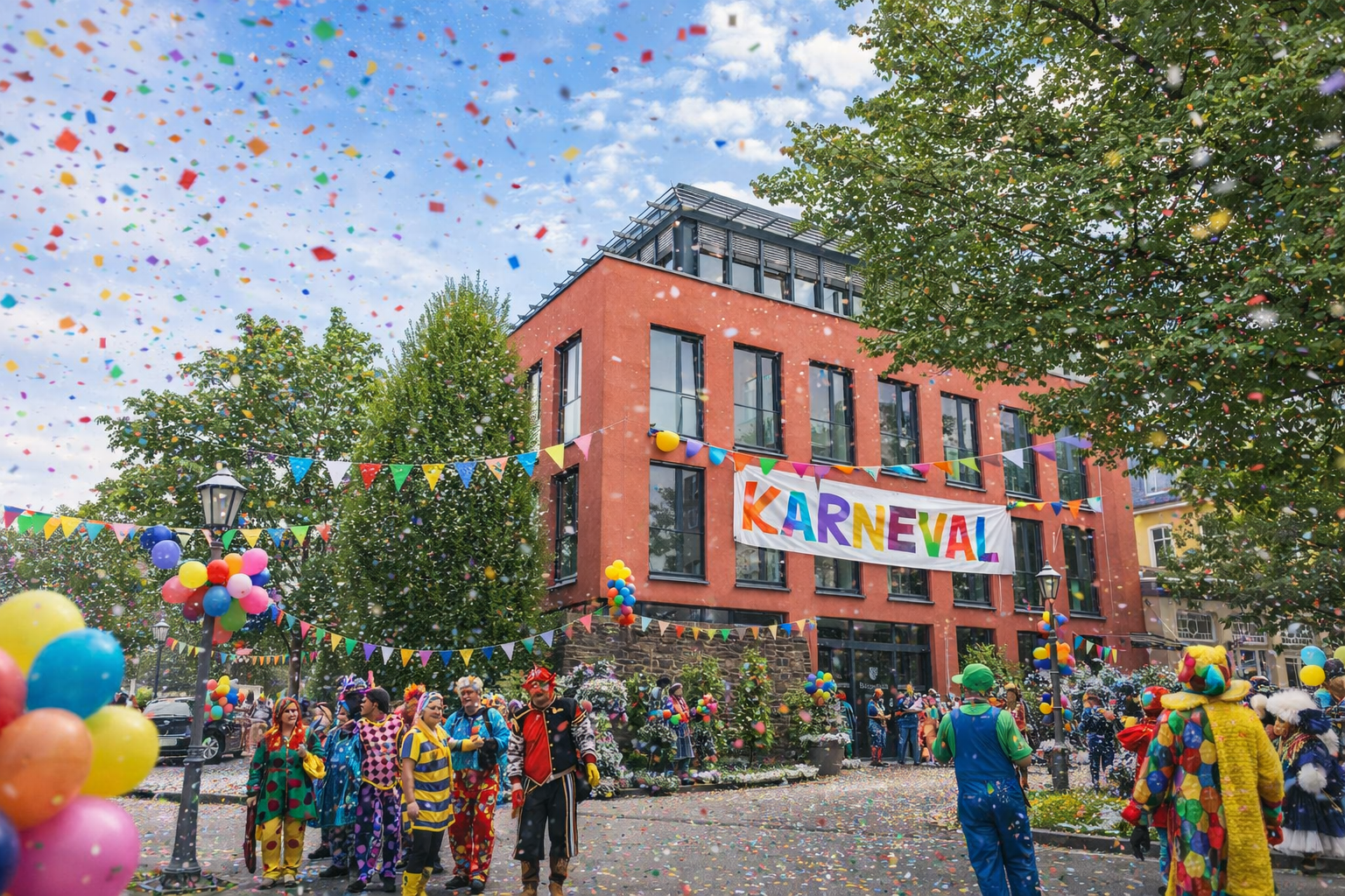 KI generiertes Bild des Rathauses an Karneval